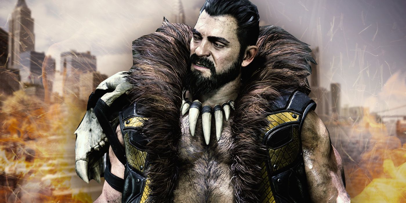 Kraven smirks in front of a big-city backdrop in a screenshot from Marvel&rsquo;s Spider-Man 2.
