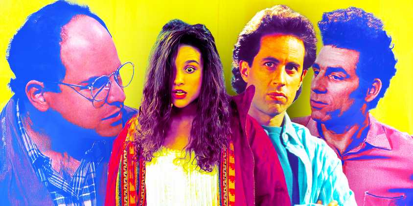 A collage of Elaine and Jerry with George and Kramer from Seinfeld in the background
