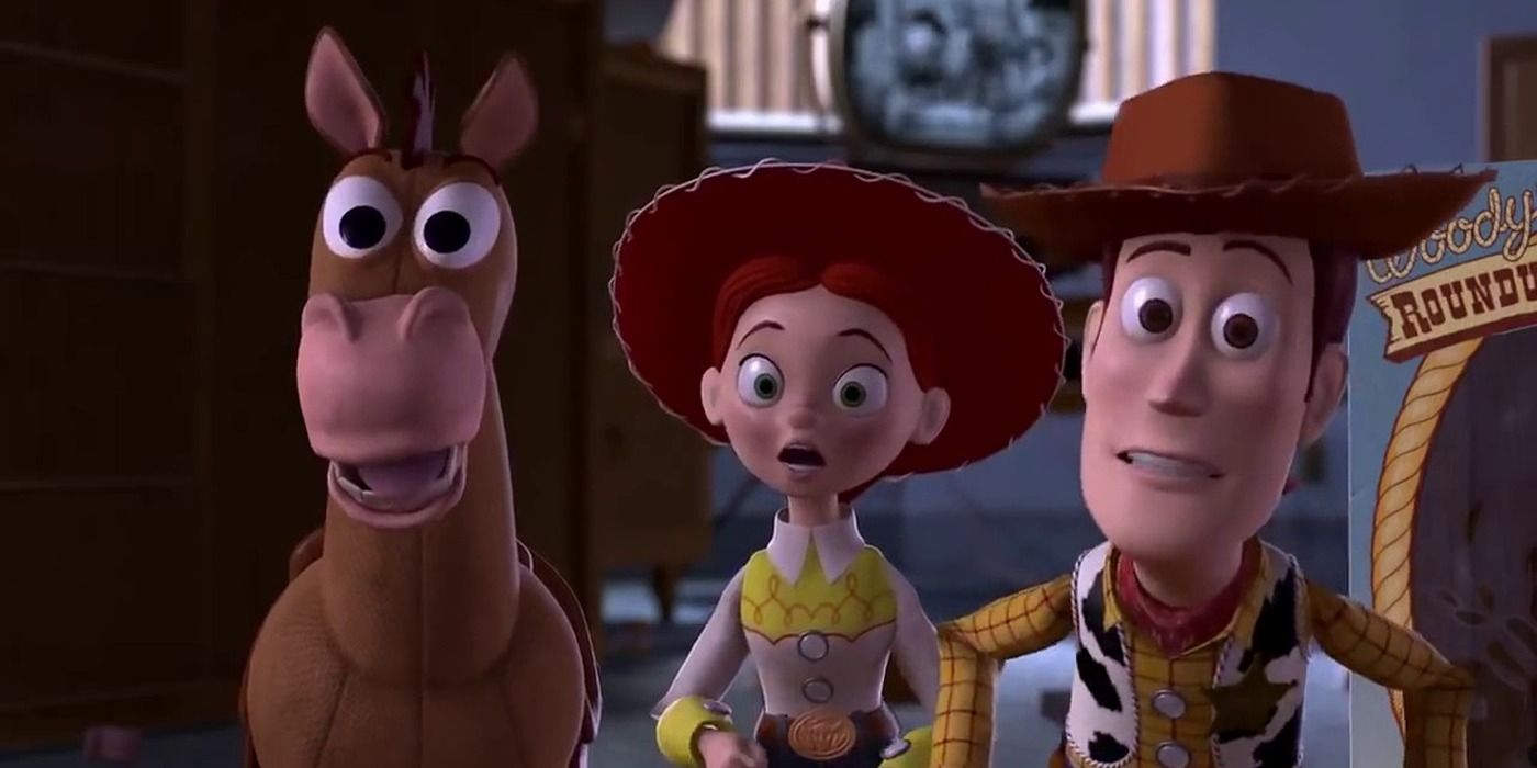 Bullseye, Jessie e Woody parecem surpresos em Toy Story 2