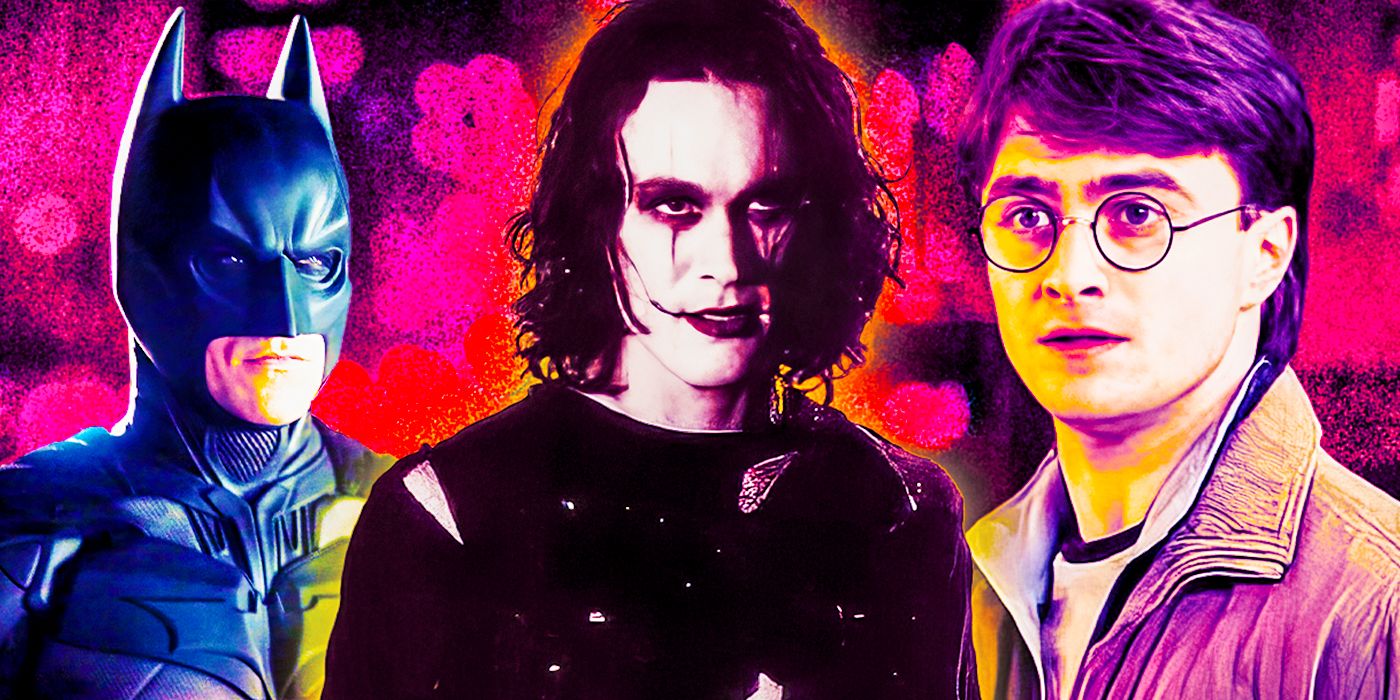 Batman from the Dark Knight trilogy, Brandon Lee in The Crow, and Daniel Radcliffe as Harry Potter