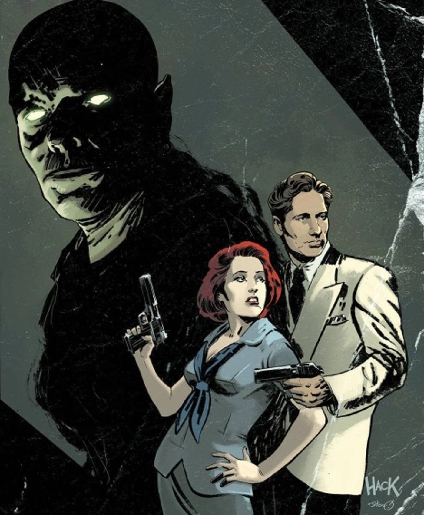 Scully and Mulder in mid-20th century attire, the silhouette of a monster with glowing eyes in the background