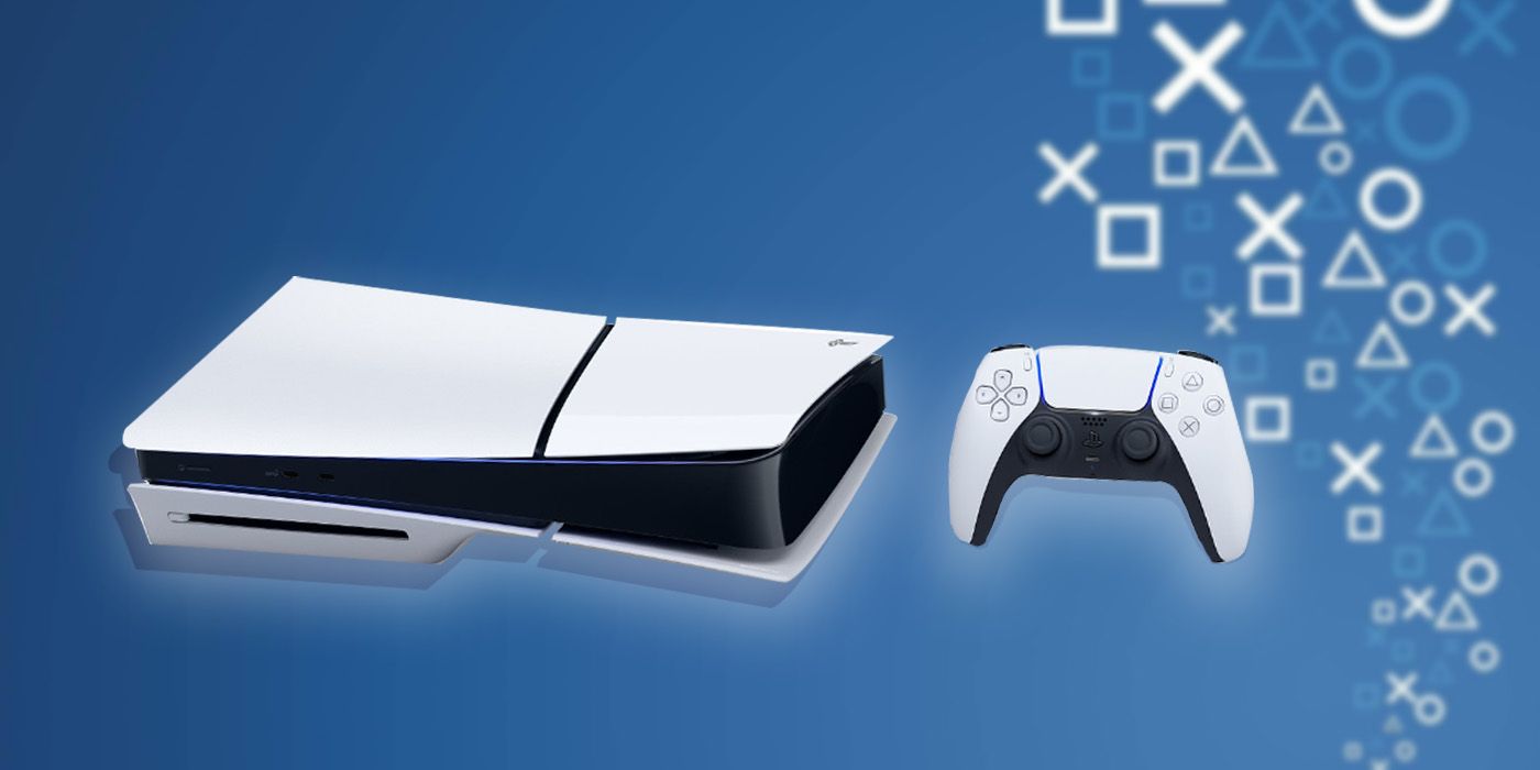 New PS5 Slim model with controller on a blue background.