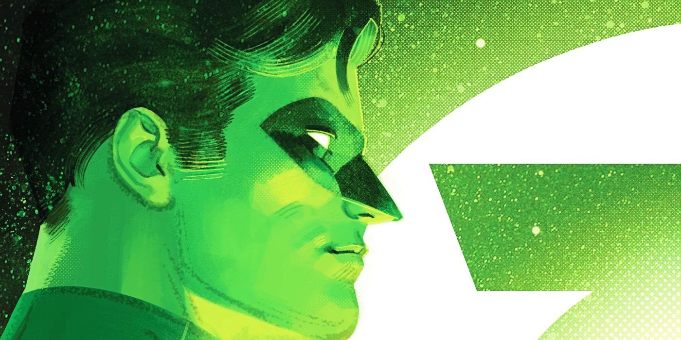 A close-up on a green construct of a young Hal Jordan.