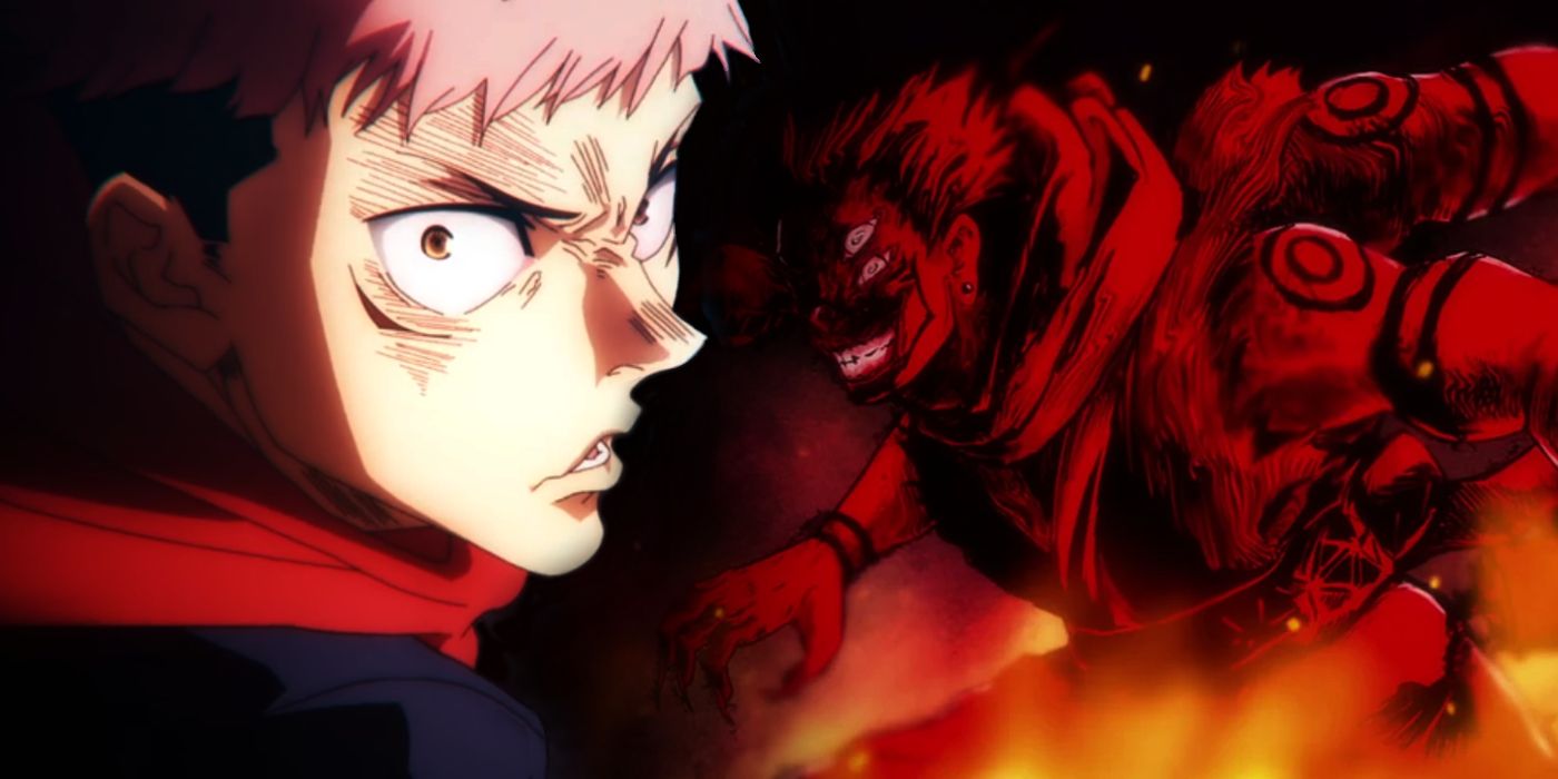 Image shows Jujutsu Kaisen character's Yuji Itadori and Sukuna whose a red siloutte in the background with multiple arms and eyes. Yuji is looking the opposite direction with a face of anger.