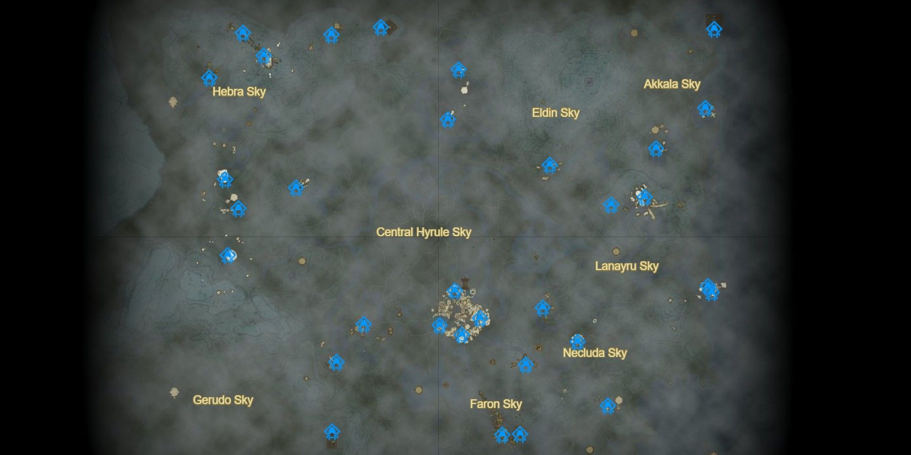 A map showing the locations of the Shrines of Light in the Sky in The Legend of Zelda: Tears of the Kingdom​​​​​​.