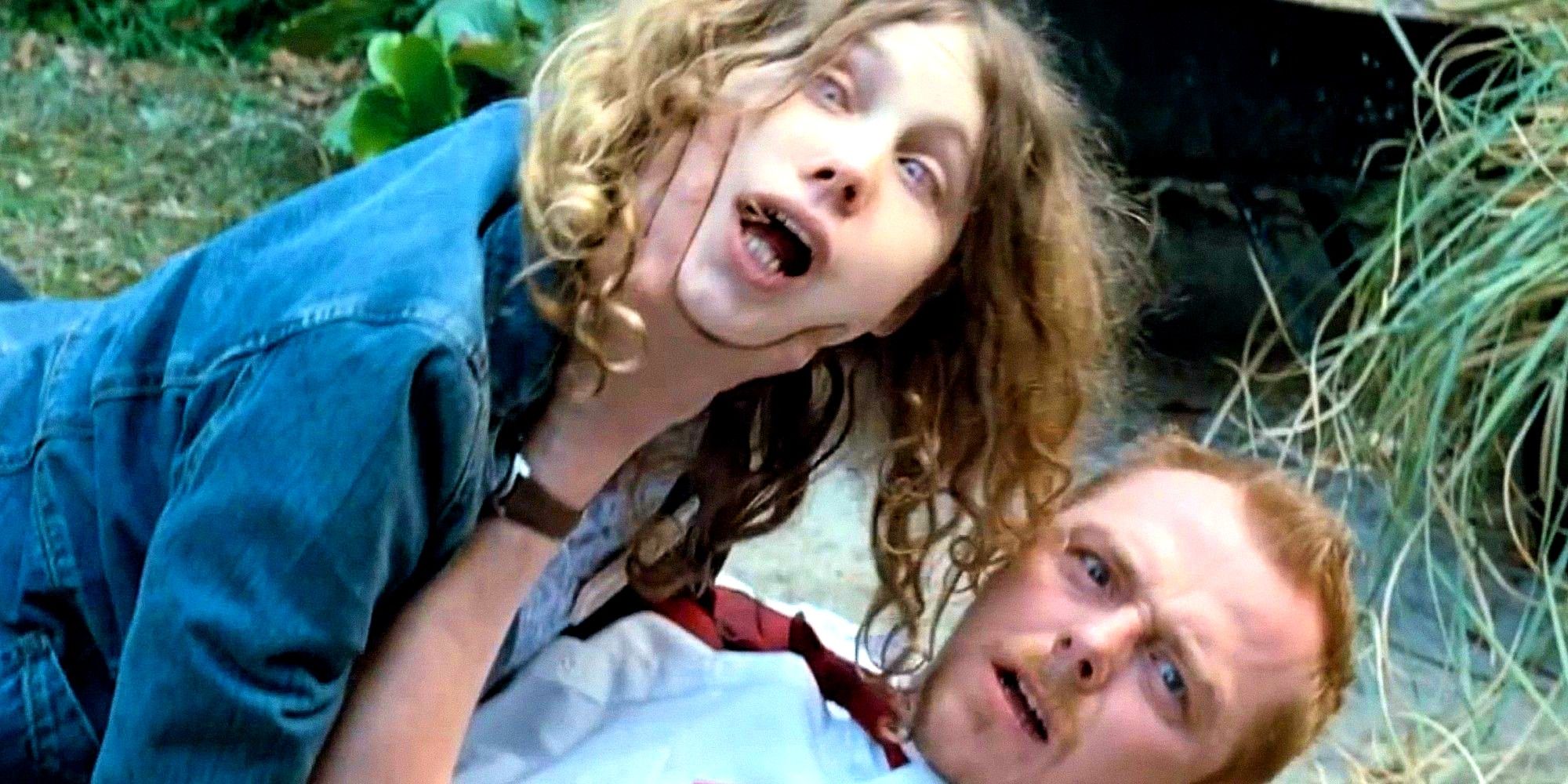 Zombie Mary mid attack on Simon Pegg in Shaun of the Dead