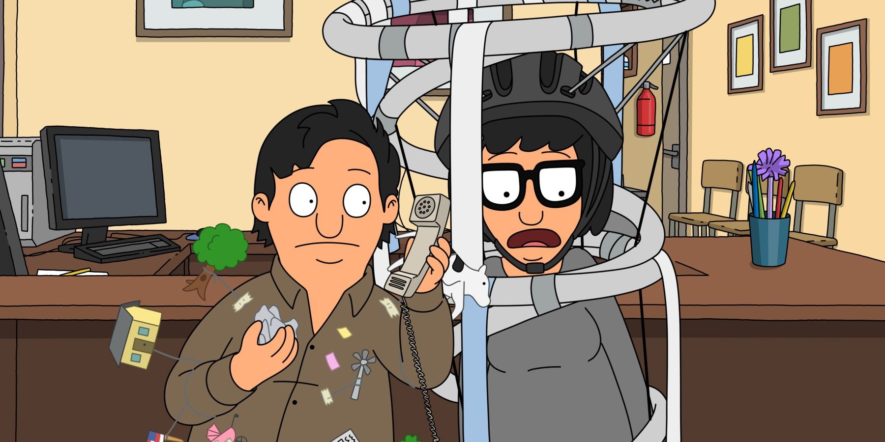 Gene and Tina in their Twister Halloween costume in Bob's Burgers