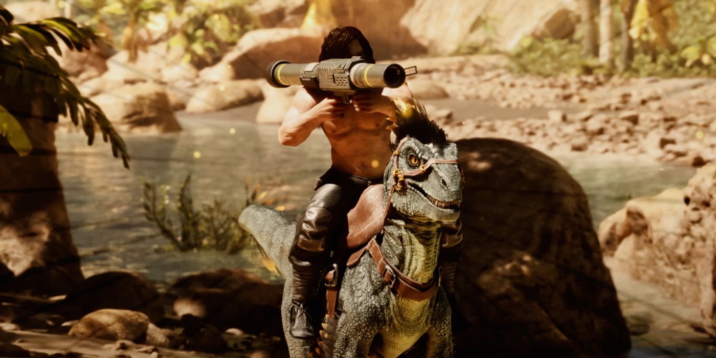 Ark character - a shirtless man with a bazooka - riding a raptor.