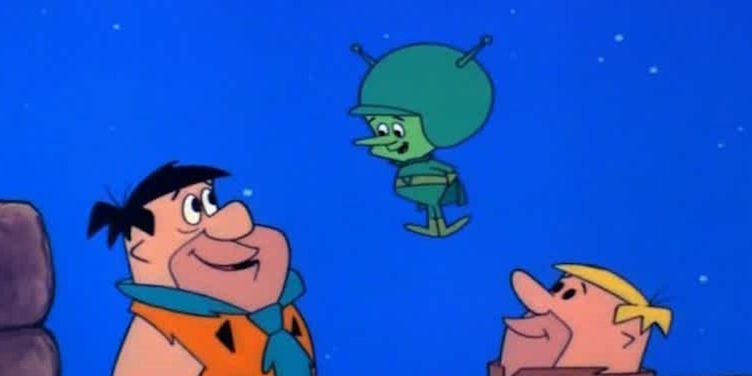 Fred and Barney talking to Gazoo in The Flintstones