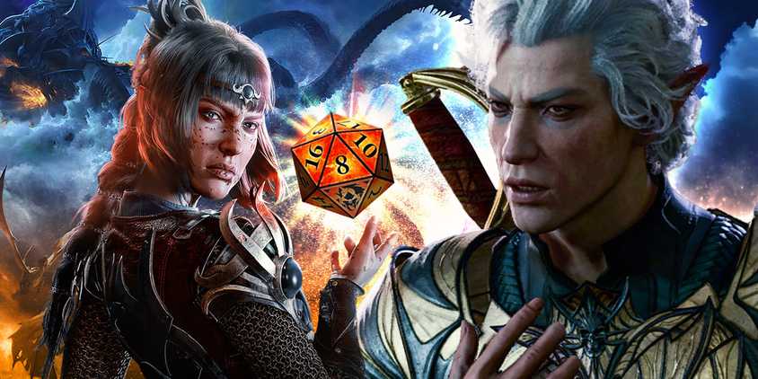 Shadowheart and Astarion from Baldur's Gate 3 alongside a D20 die.