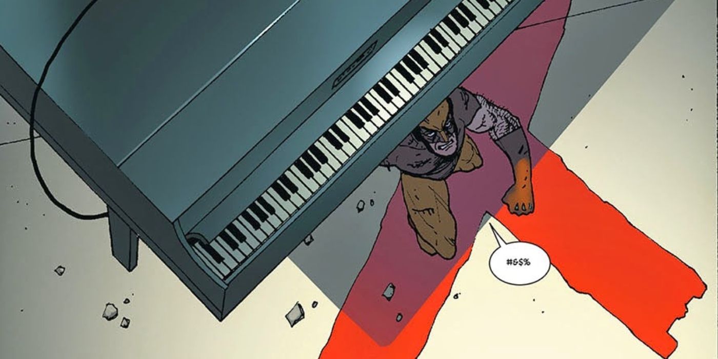 Wolverine sur le point de se faire écraser par un piano. 