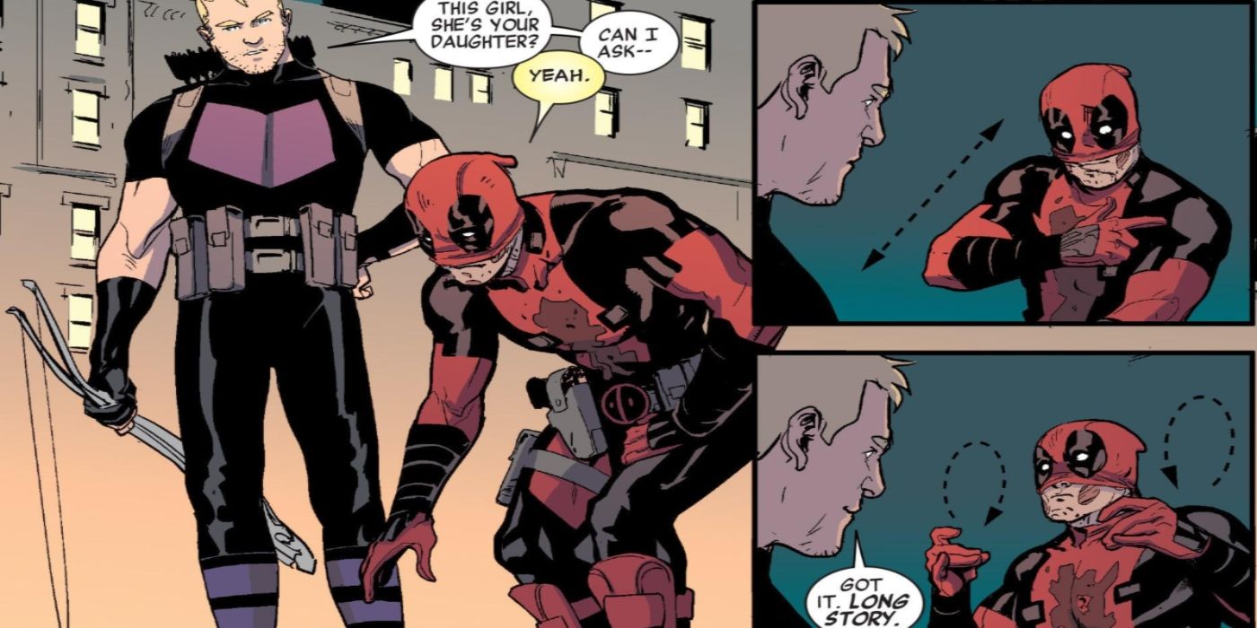 Deadpool fait le langage des signes avec Hawkeye. 
