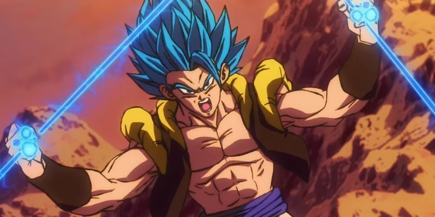 Dragon Ball Super's Gogeta unleashes a powerful attack in Super Saiyan Blue form as he screams.