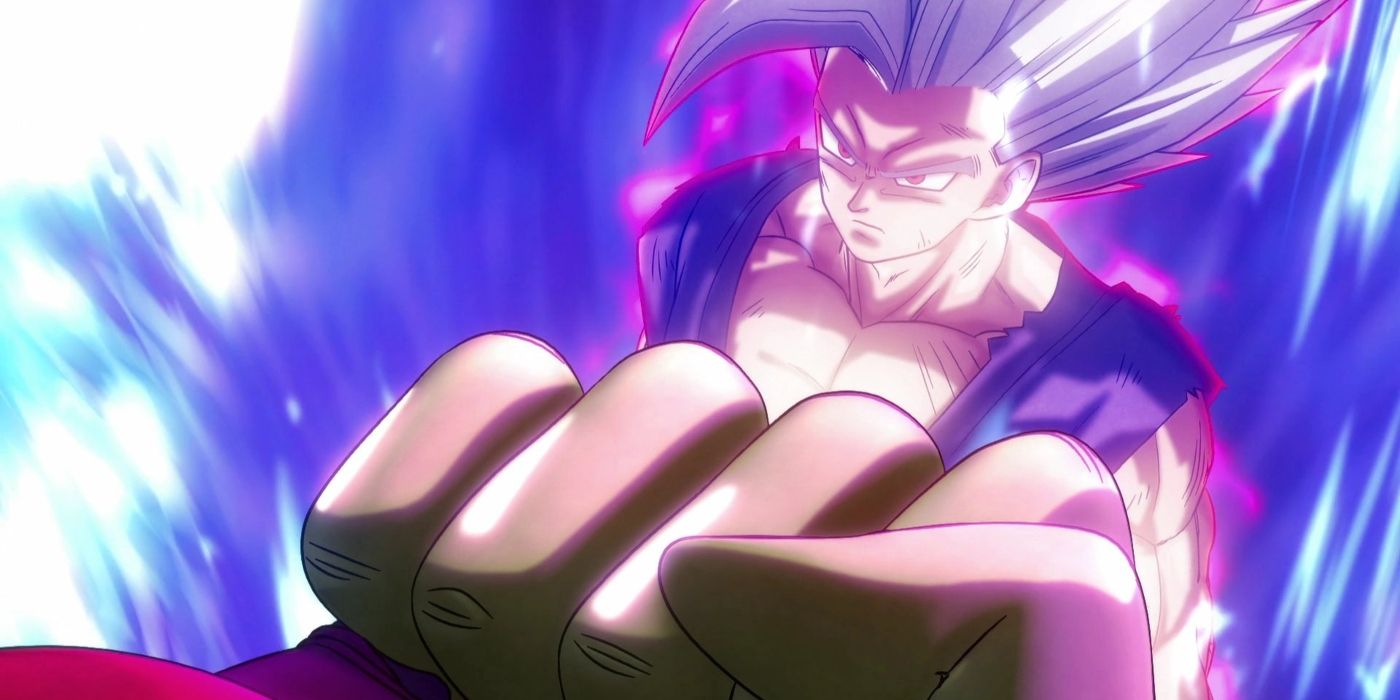 Beast Gohan unfazed by Cell Max in a blue, purple, and pink illustration.