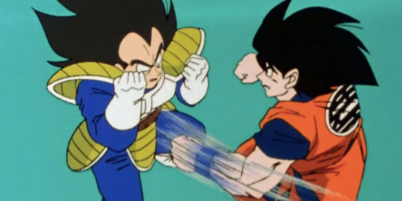 Goku vs Vegeta em sua primeira luta trocando golpes