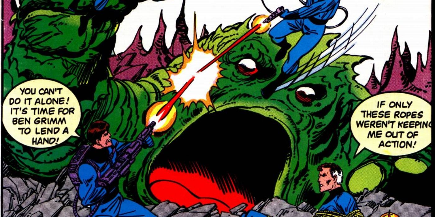 Powerless Fantastic Four fighting Mole Man's forces. 