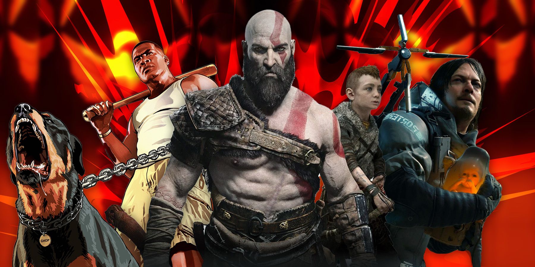Franklin from GTA V, Kratos and Atreus from God of War Ragnarok, and Sam Bridges from Death Stranding.
