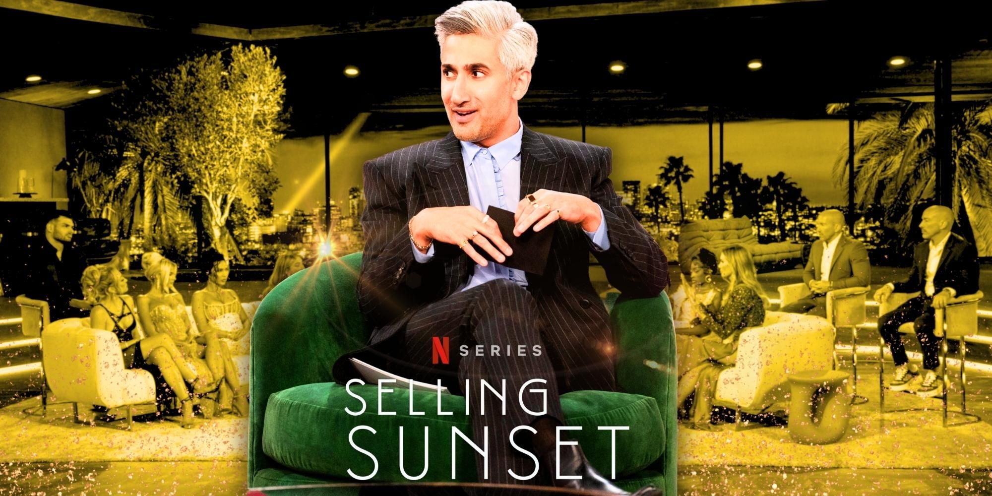  promo shot from selling sunset season 7 with host Tan France