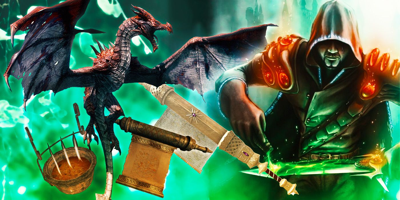 A Sword from Skyrim with a green poison potion being dripped onto the blade, two Elder Scrolls, a dragon in flight and a cooking pot. 