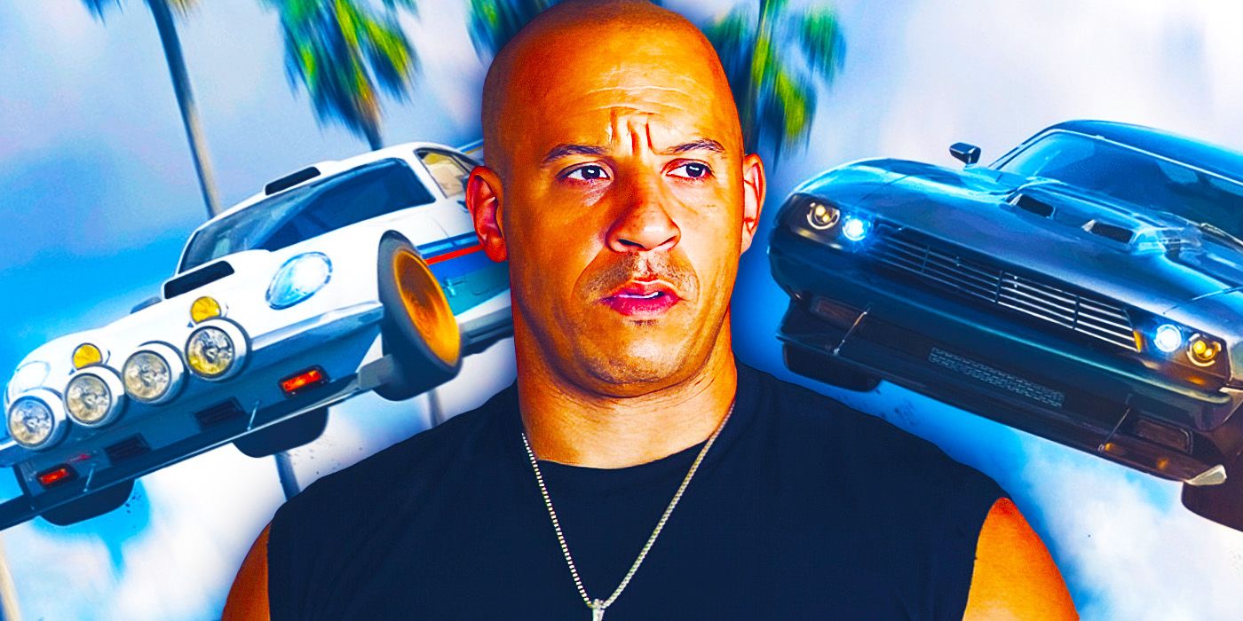 Dominic Toretto surrounded by cars in the Fast and Furious franchise