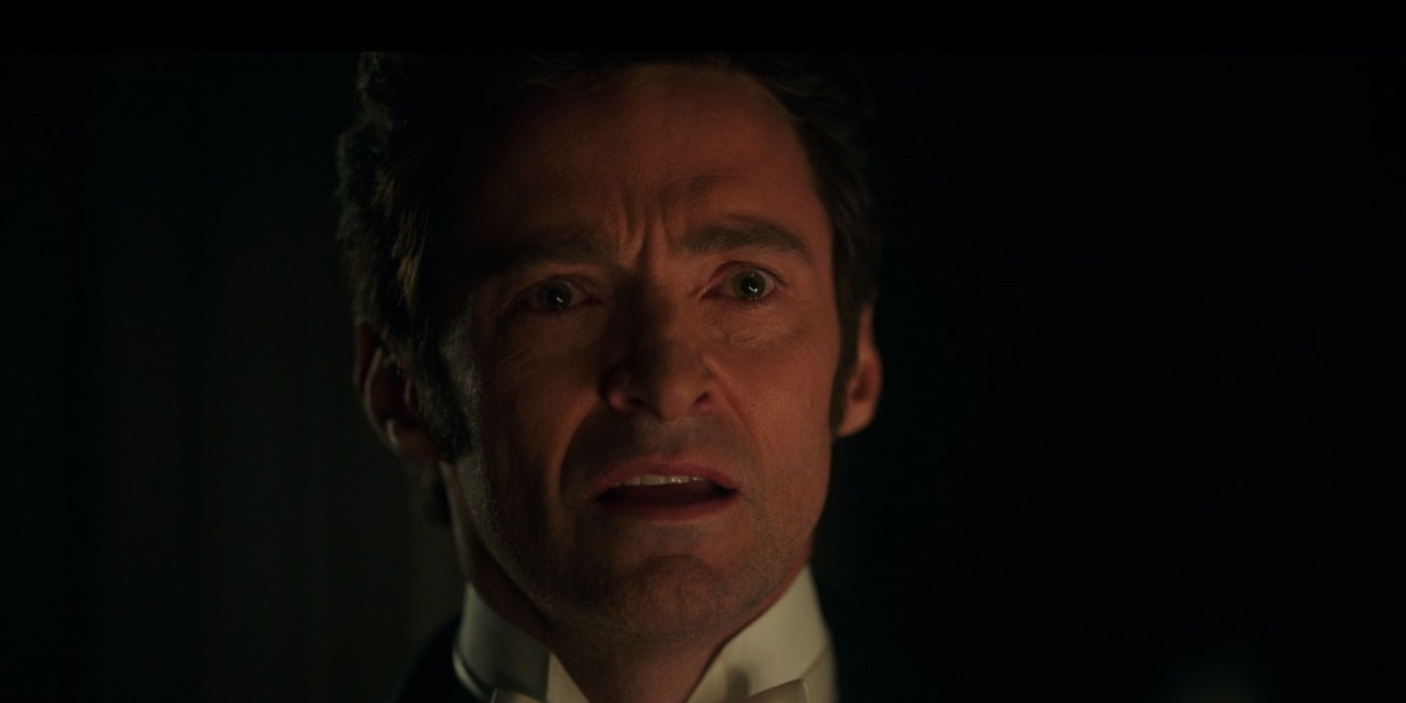 Hugh Jackman as PT Barnum looking shocked