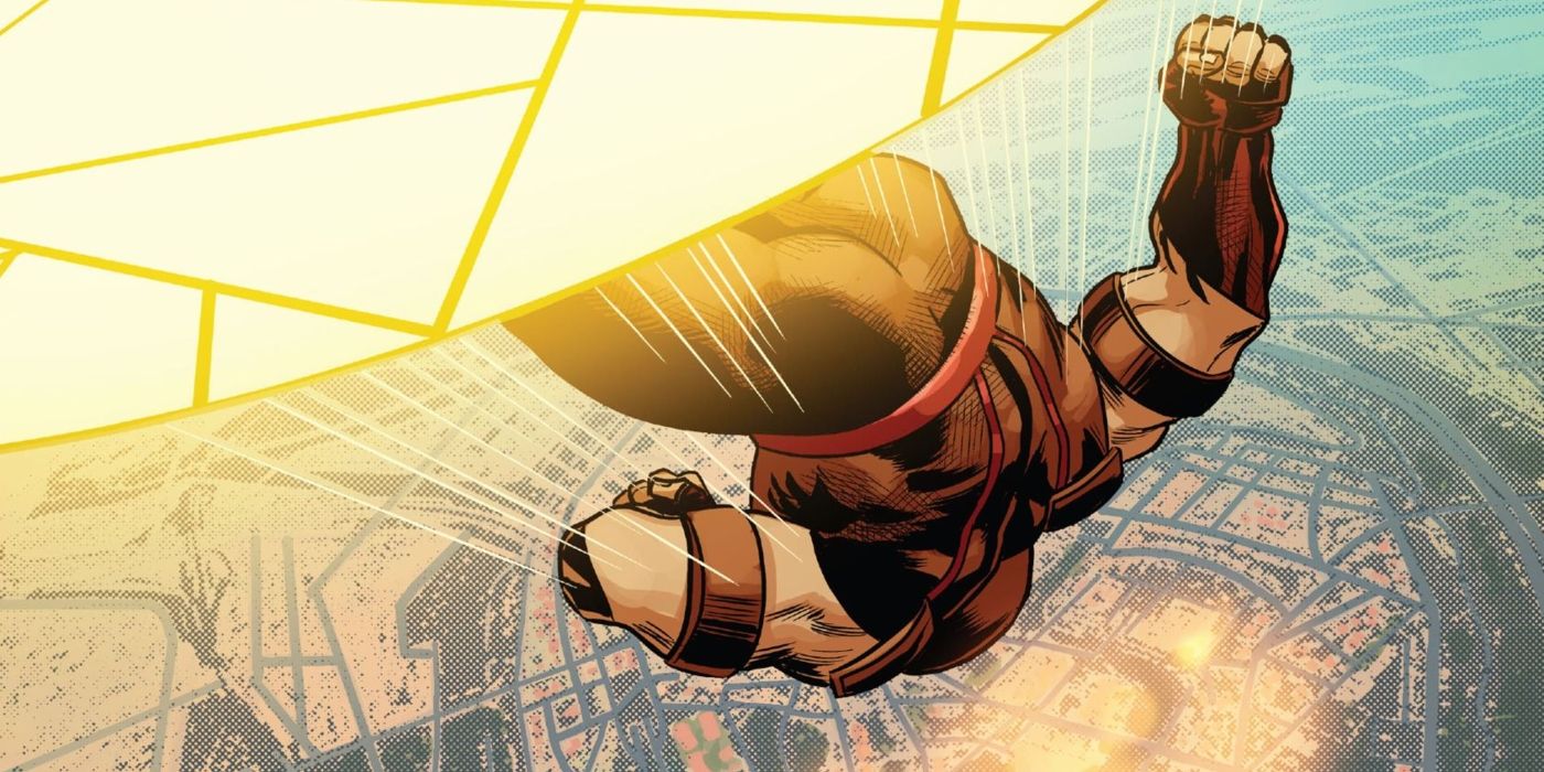 Juggernaut falling from the sky through a portal.