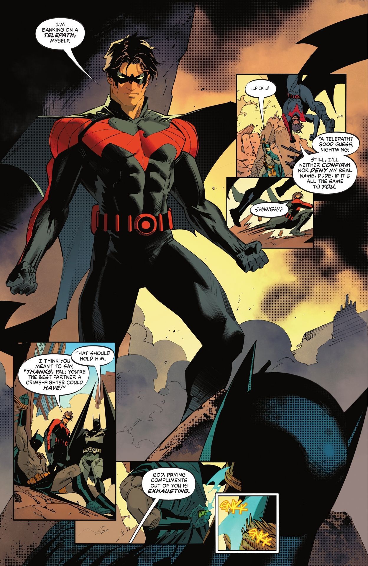 Nightwing standing tall wearing his red Kingdom Come suit