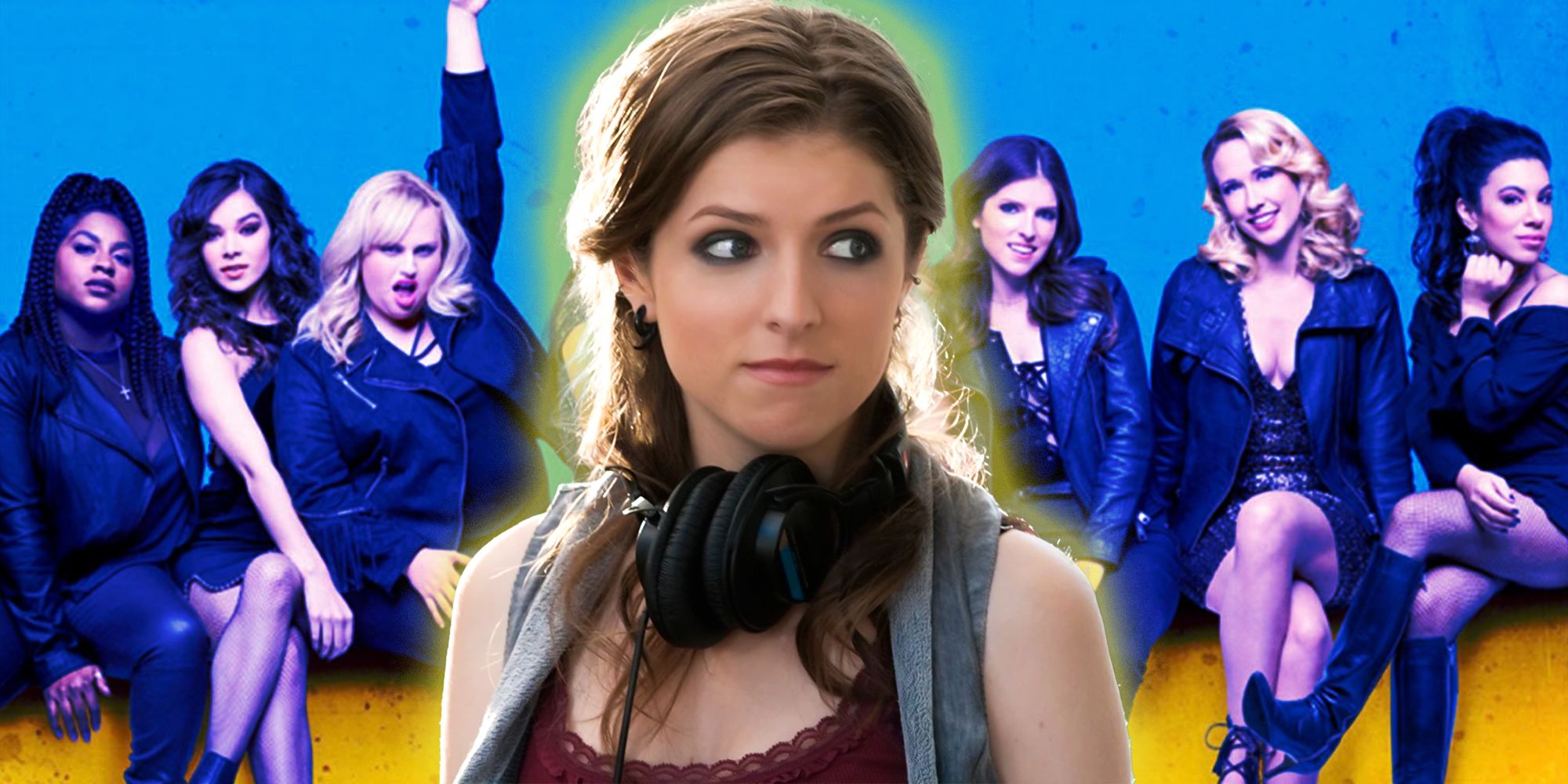 Anna Kendrick in the center as Becca in Pitch Perfect (2012) with the Barden Bellas cast of Pitch Perfect 3 behind her
