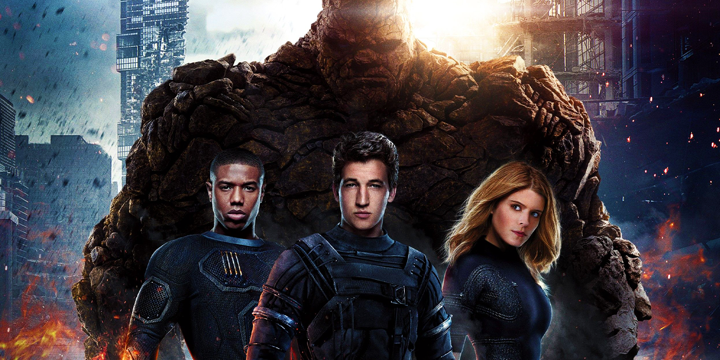 2015 Fantastic Four cast in poster, Michael B. Jordan, Miles Teller, Kate Mara, and Jamie Bell