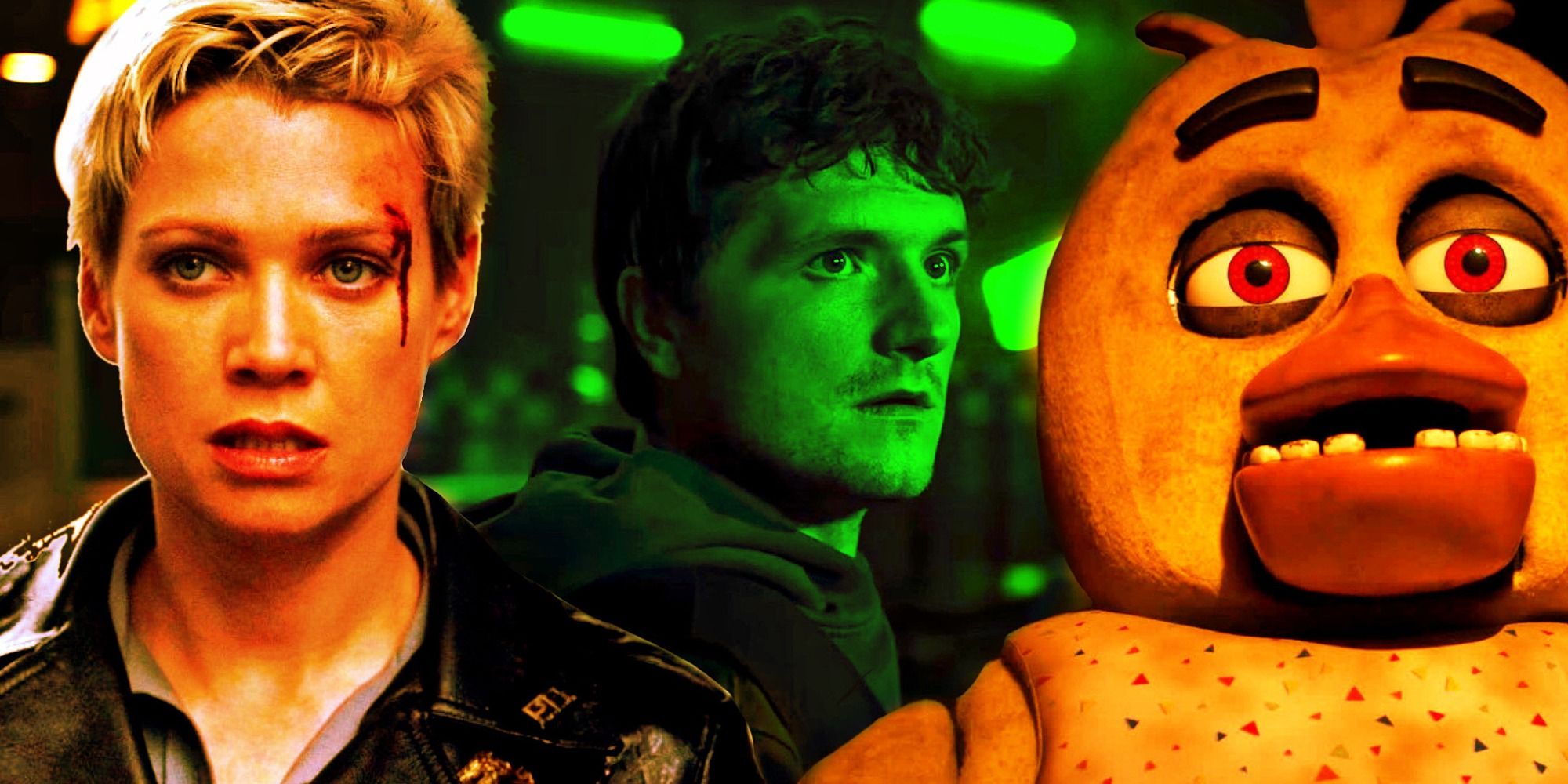 Laurie Holden as Cybil Bennet in Silent Hill, Josh Hutcherson as Mike Schmidt in Five Nights at Freddy's, and Chica in Five Nights at Freddy's