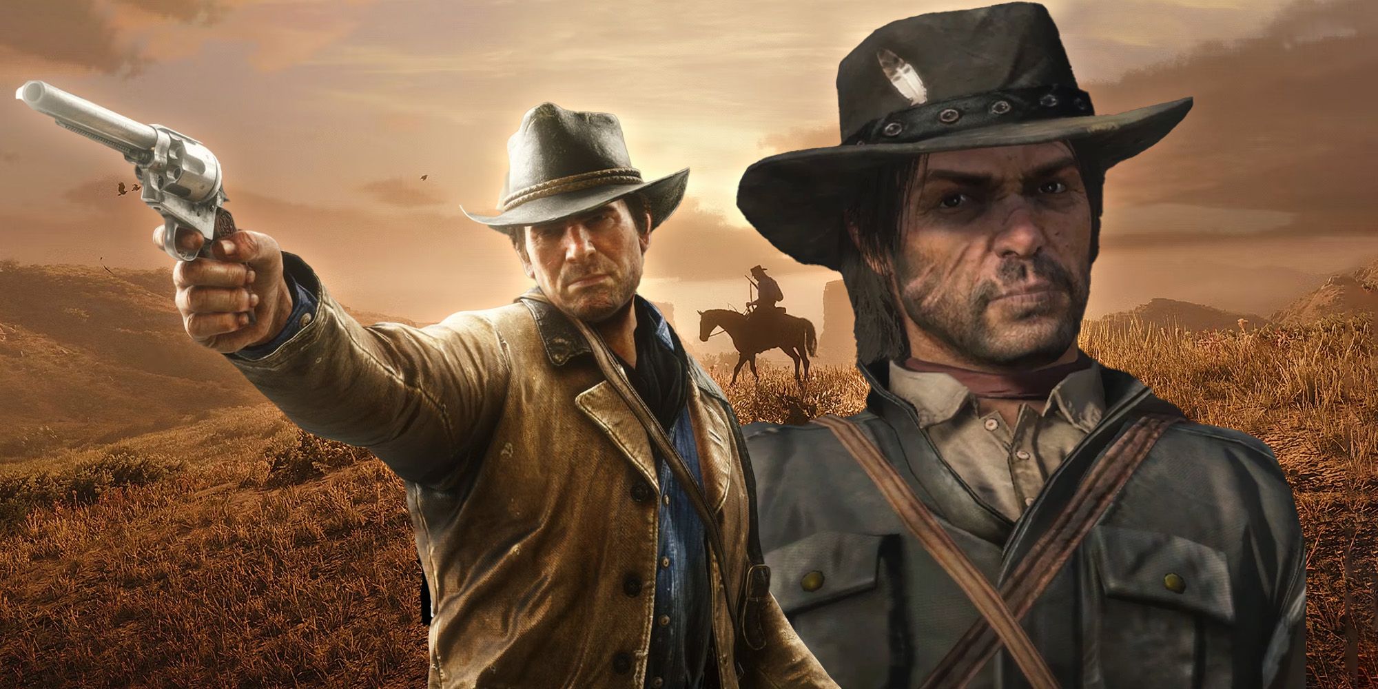 Arthur Morgan and John Marston with a cowboy on a horse silhouetted behind them.