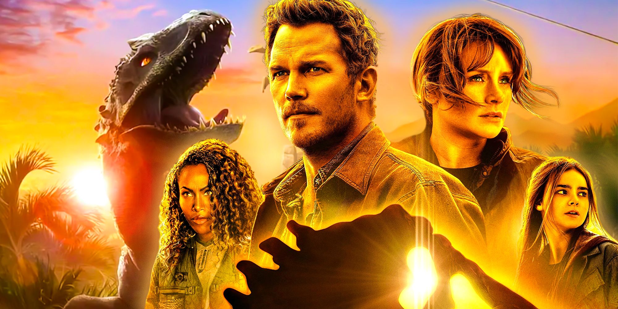 Um dinossauro de Jurassic World: Chaos Theory com o elenco de Jurassic World: Dominion no pôster do filme