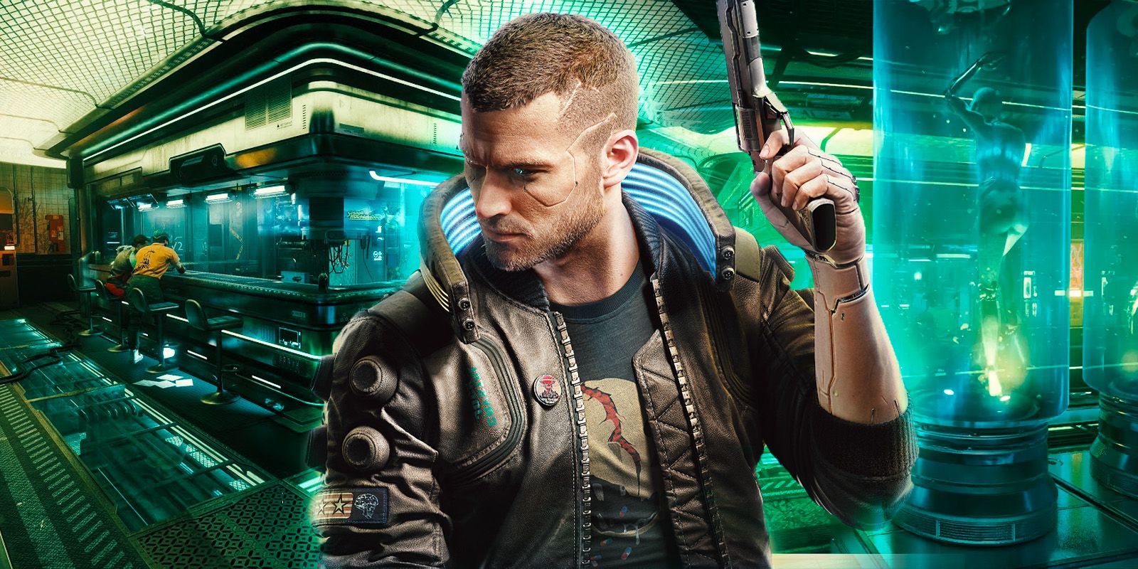 a cyberpunk 2077 assassin wearing a jacket, weapon