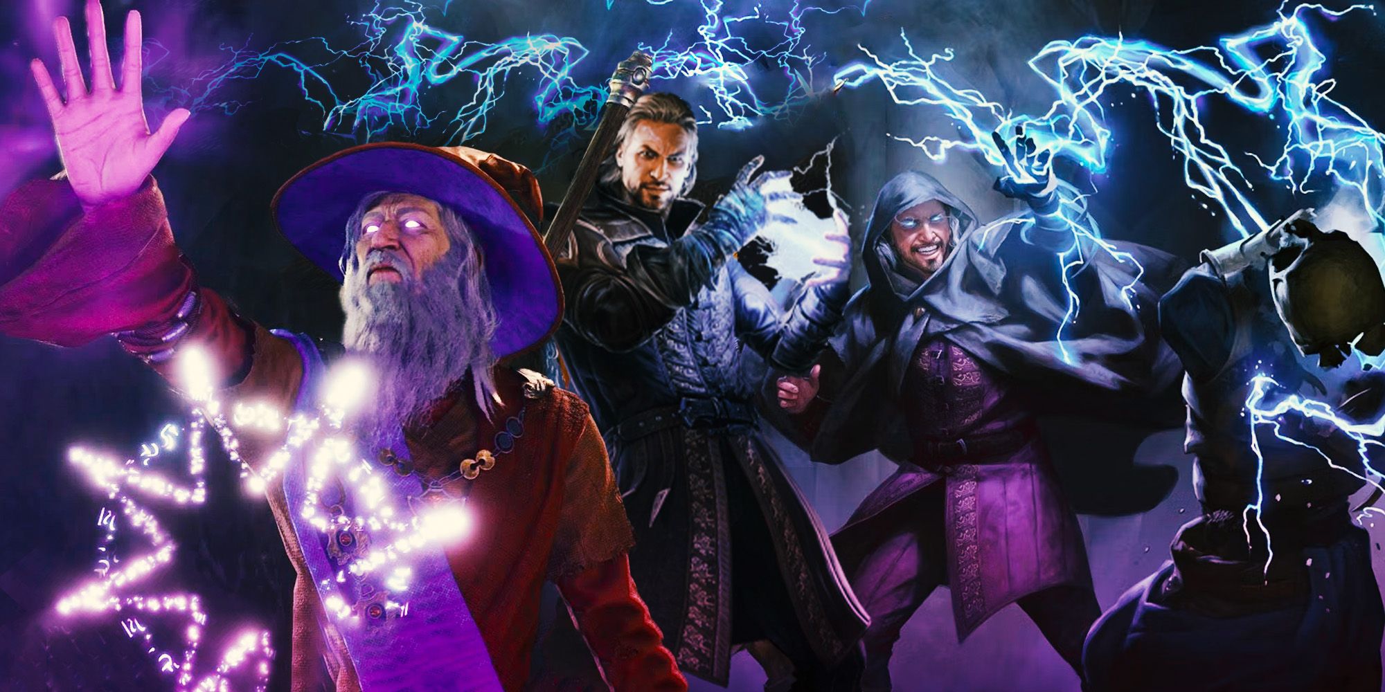 Elminster, Gale and another spellcaster using powerful magic in Baldur's Gate 3