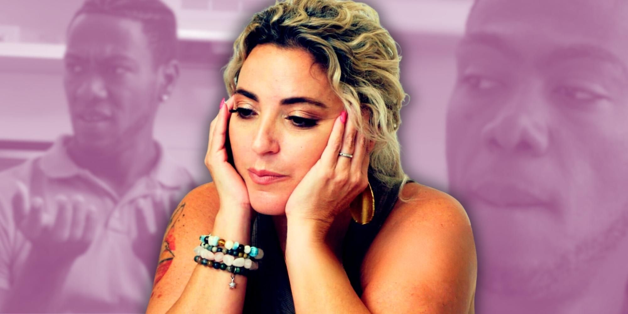 90 Day Fiance&rsquo;s Daniele Gates holding her hands to her head and looking tensed with faded pictures of Yohan Geronimo in the back