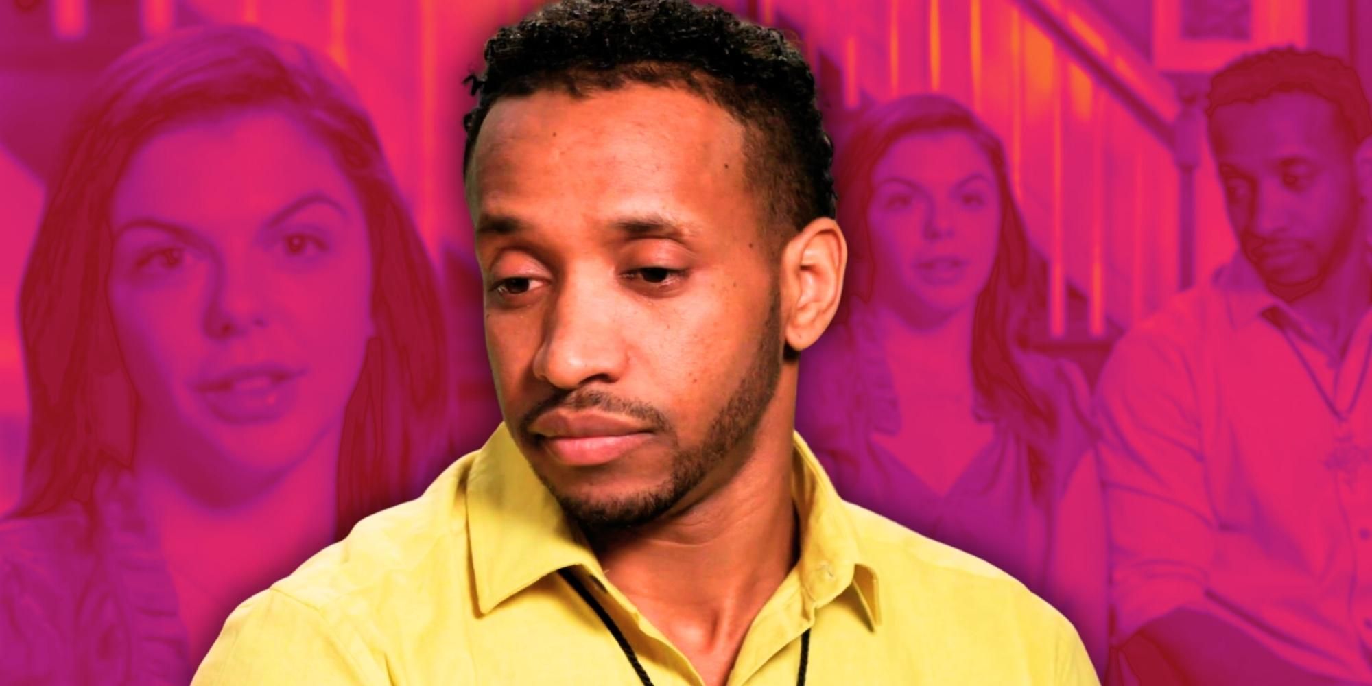 Montage of 90 Day Fiancé’s Biniyam Shibre & Ariela Weinberg wearing yellow shirt with red background