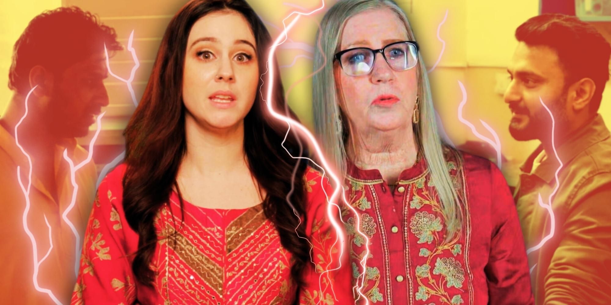90 Day Fiance's Jenny Slatten & Sumit and Kimberly Rochelle & TJ Goswami, surrounded by lightning bolts