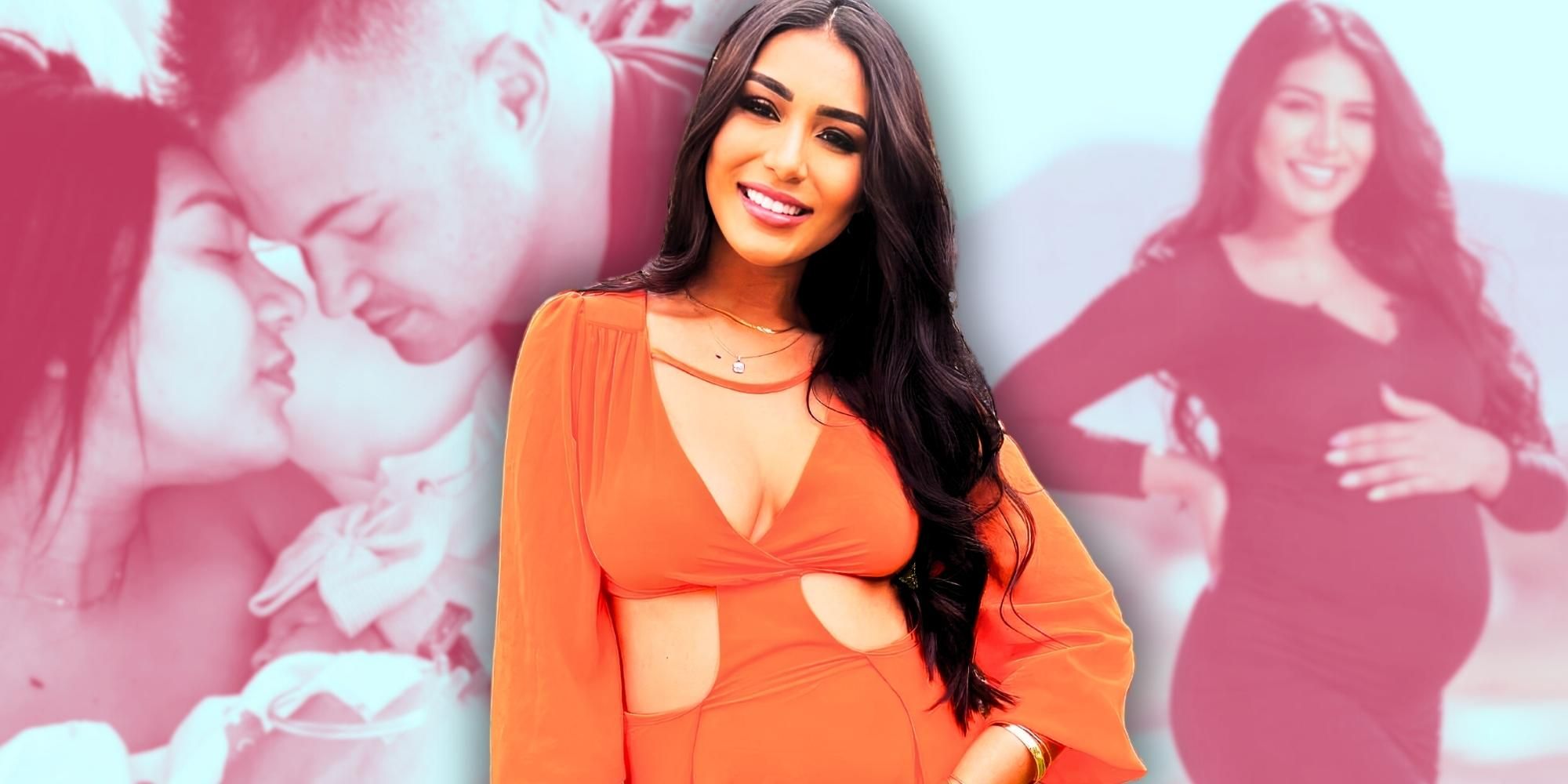 90 Day Fiancé&rsquo;s Thaís Ramone posing in orange dress with hand on hip with background pregnancy and family pictures