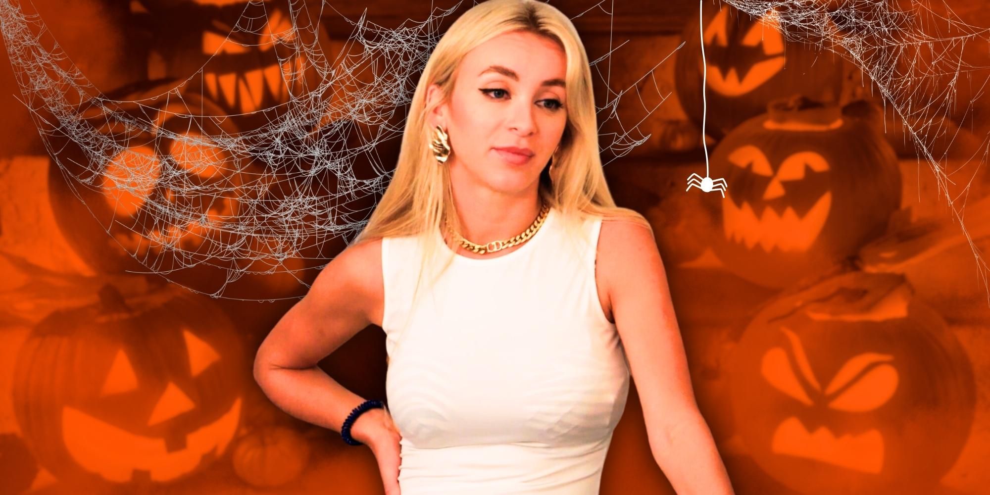90 Day Fiancé’s Yara Zaya, with a Jack-O-Lantern and spiderweb background