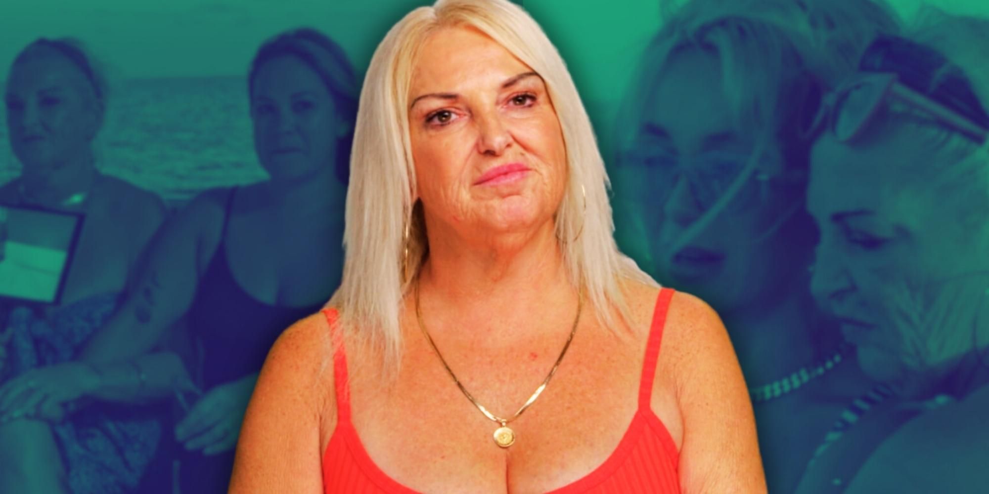 Angela Deem wearing red tanktop in front of blue background