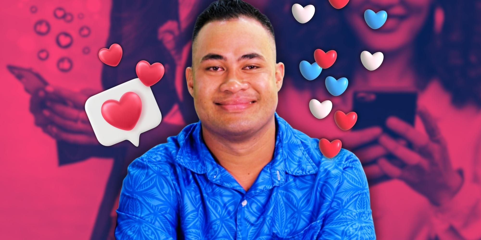 90 Day Fiancé star Asuelu Pulaa wearing blue shirt and smiling in front of red background with hearts and people looking at their phones