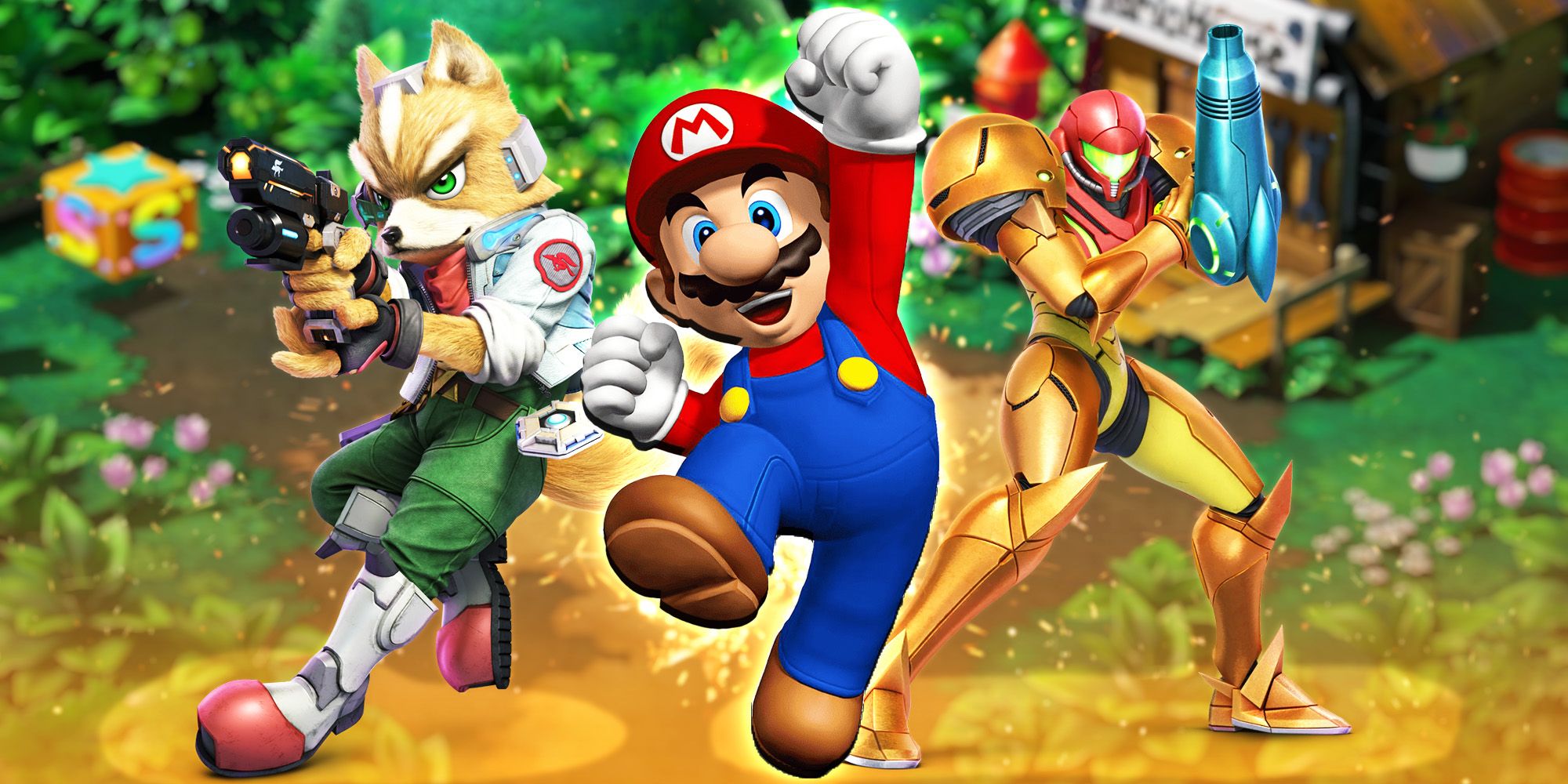 Mario jumps while Fox and Samus pose in screenshots of their Smash Bros. renders. In the background, a screenshot of Mario's house as it appears in Super Mario RPG.