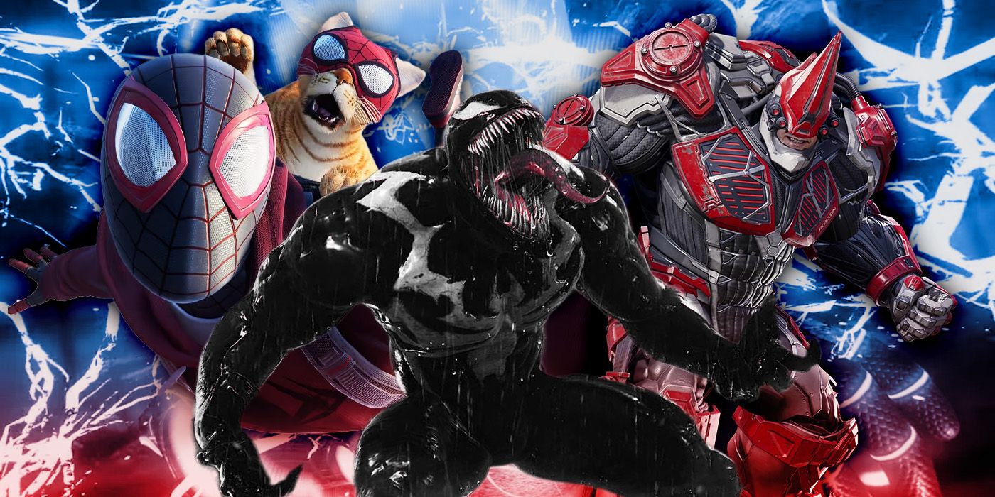 Collage of Miles with the Bodega Cat, Venom, and Rhino in Marvel's Spider-Man 2.