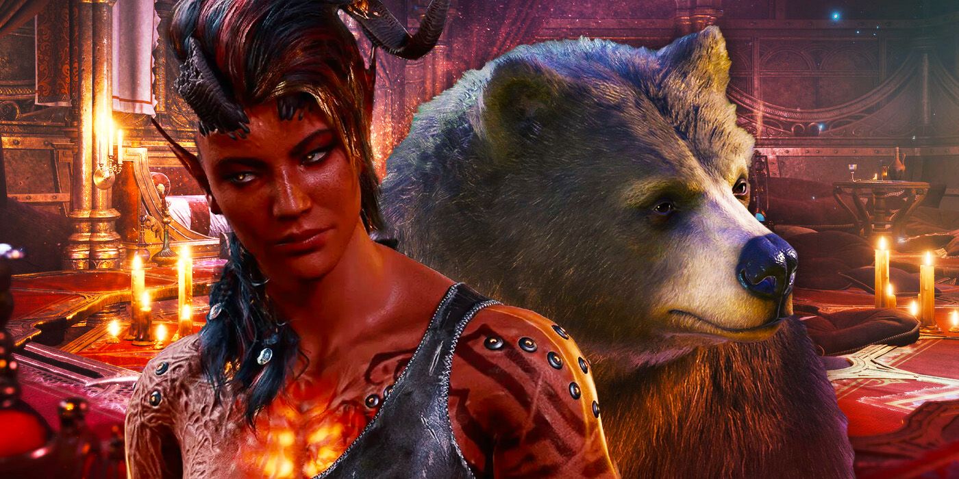 Karlach and bear-form Halsin from Baldur&rsquo;s Gate 3.