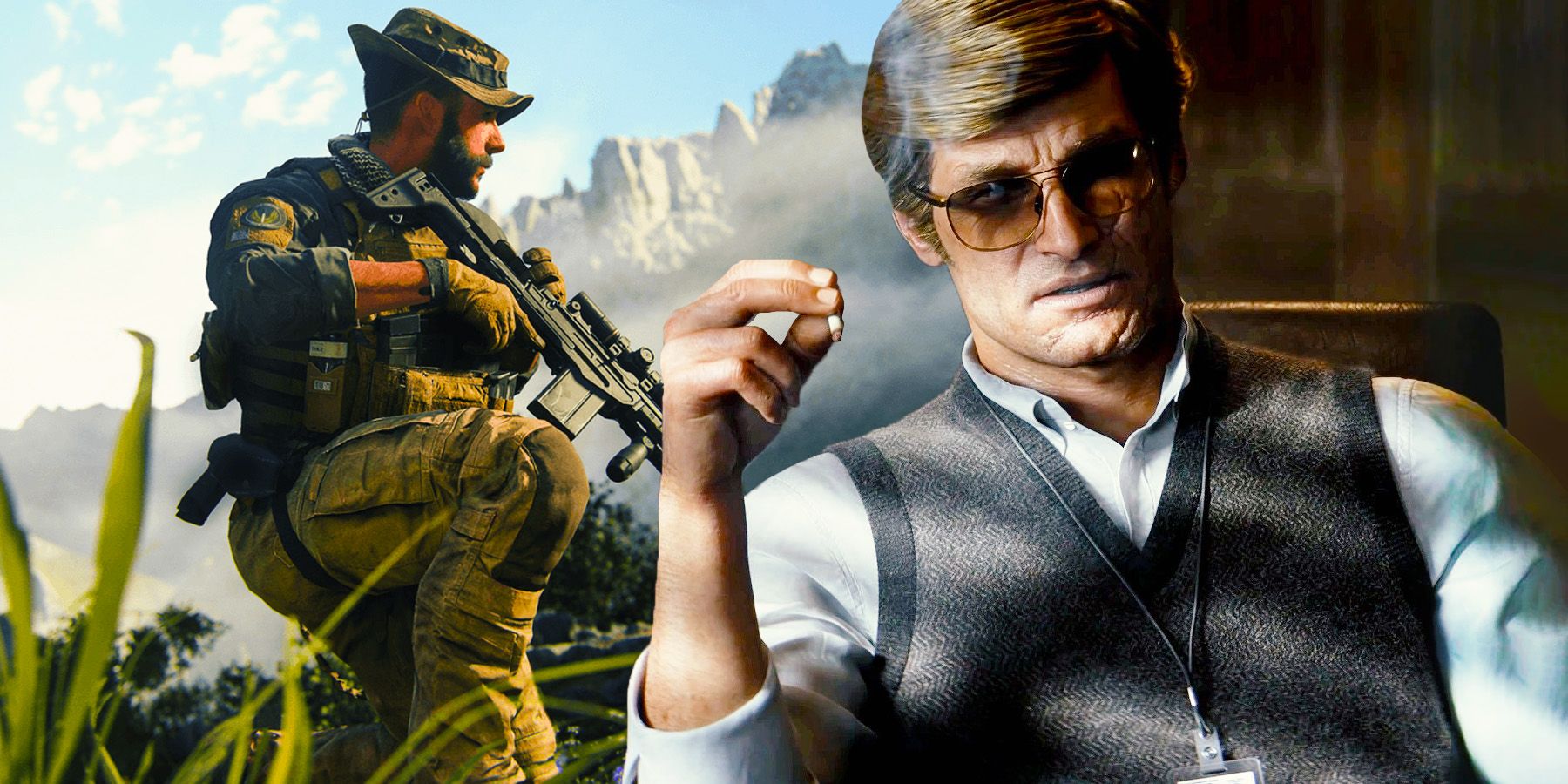 Captain Price kneels with a rifle in a screenshot from Modern Warfare 3, while Russell Adler smokes in a screenshot from Black Ops Cold War.