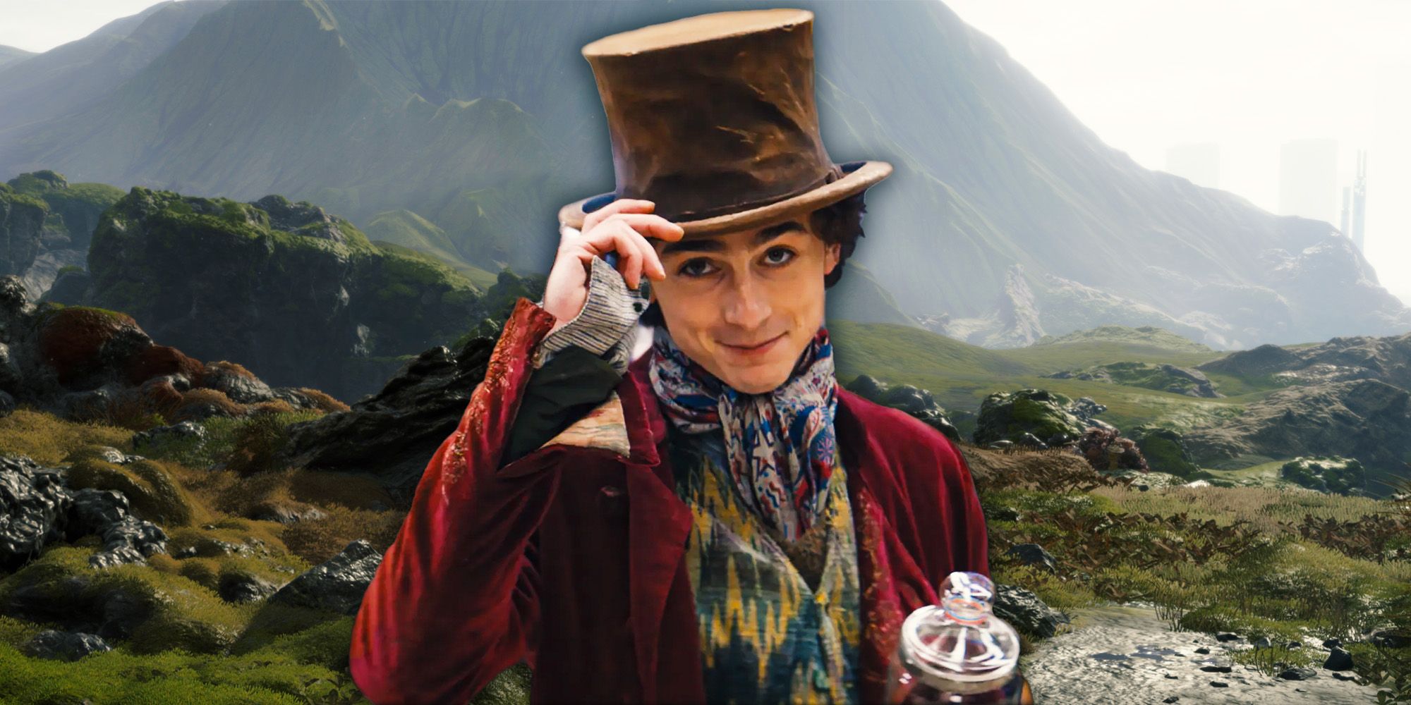 Timothée Chalamet in Wonka gear, with Death Stranding scenery in the background.