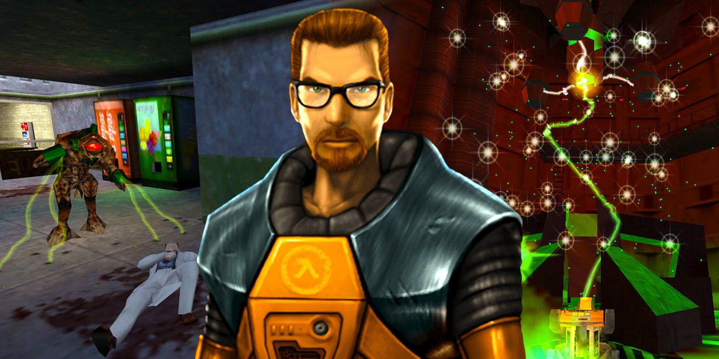 Art of Gordon Freeman, the protagonist of Half-Life, in front of a Vorigaunt shooting beams of green energy out of its palms and a resonance cascade in screenshots from Half-Life.