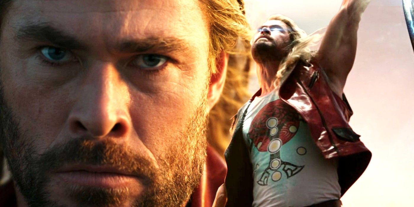 A closeup and wide shot of Thor (Chris Hemsworth) in Thor: Love and Thunder