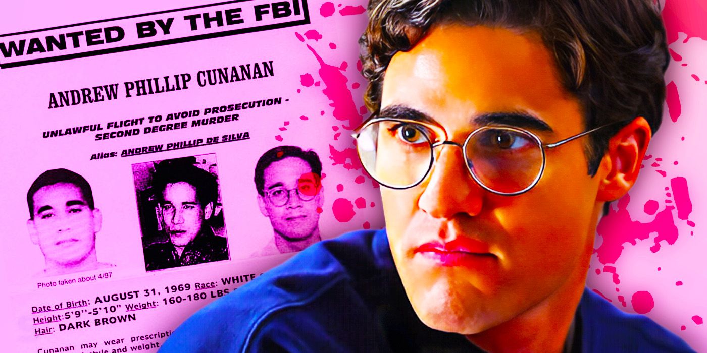 A collage of a Andrew Cunanan Wanted poster and Darren Criss as Andrew Cunanan in American Crime Story The Assassination of Gianni Versace