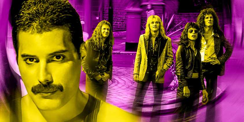 A collage of Freddie Mercury and the actors portraying Queen in Bohemian Rhapsody
